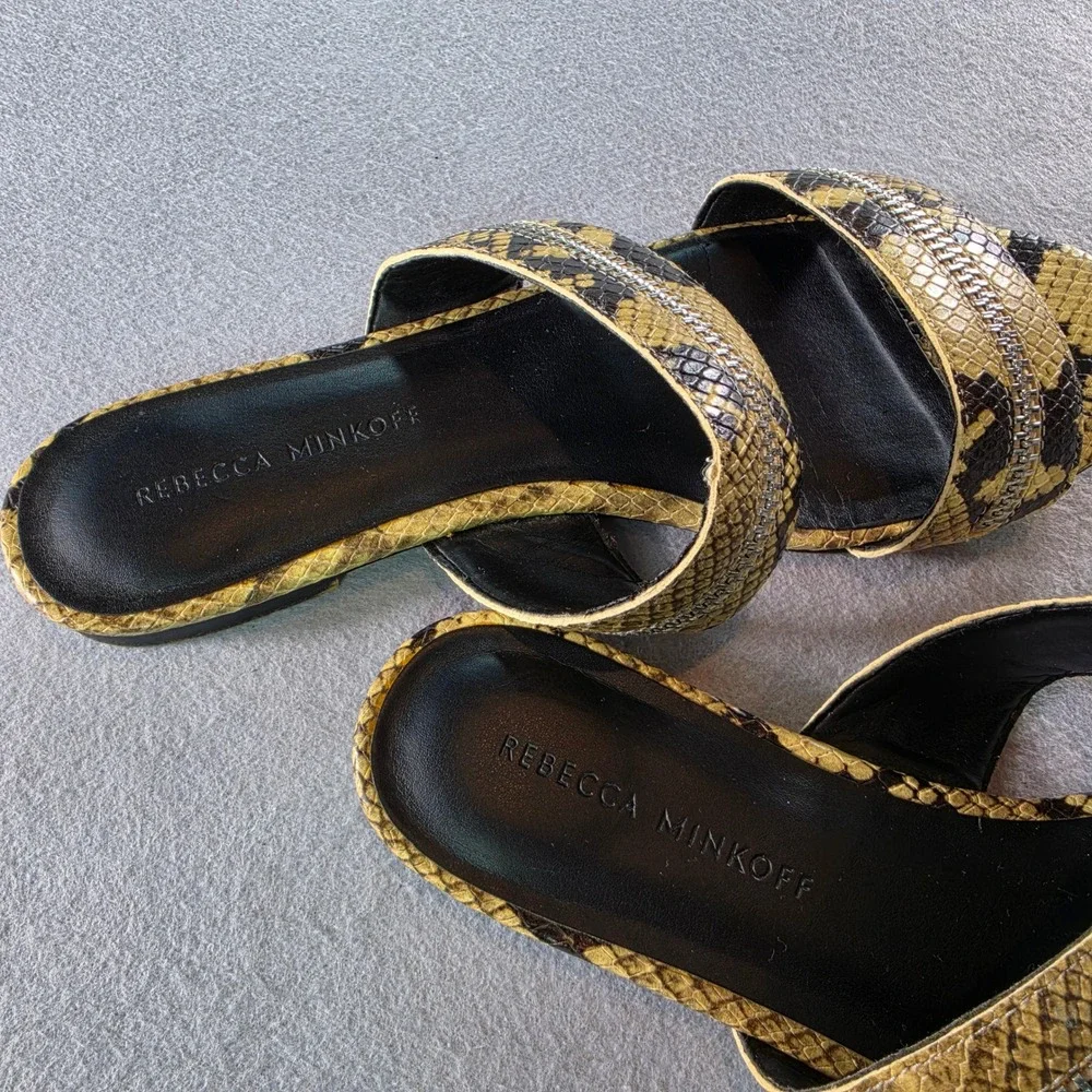 Rebecca Minkoff Snakeskin Embossed Leather Zipper Trim Slide Sandals Yellow 8.5M